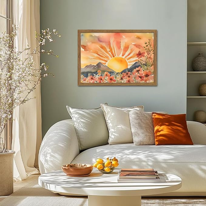 Framed Sunset Boho Wall Art for Living Room - Modern Abstract Floral Canvas Picture Boho Wall Decor, Sun Landscape Aesthetic Painting Poster Prints for Bedroom Home Office 12x16 inch