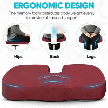 FORTEM Seat Cushion, Office Chair Cushion, Memory Foam Car Seat Cushions, Sciatica Coccyx Tailbone Pain Relief, Chair Cushions for Back Support, Sitting Pad for Gaming, Washable Cover, Non Slip, XL