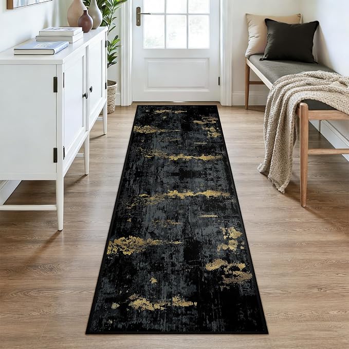 RELEANY Washable Area Rugs 2'6"x8 Non-Slip Modern Abstract Soft for Living Room Entryway Bedroom Kitchen, Print Pattern, Dark Black Gold
