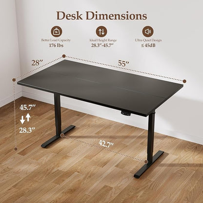 Klicelor 55 x 28 Electric Standing Desk, Sit Stand Up Home Office Desk, Height Adjustable Deep Cumputer Table with Memory Presets and Hooks, Two Pieces, Black