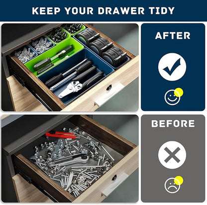 47pcs Tool Box Organizer, Tool Drawer Organizer Trays with Non-slip EVA Pads – Interlocking Divider Set, Fit Garage Storage Desk Drawers & Rooling Tool Cart (Blue & Green 47PCS)