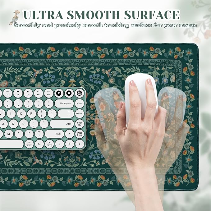 iCasso Green Aesthetic Flower Mouse pad for Laptop, Vintage Desk Matt for Desktop 13.7"x23.6", Anti-Slip Mousepad with Stitched Edges for Laptop Computer Keyboard(Deep Green)