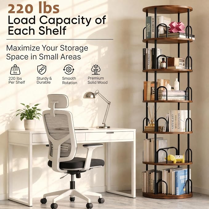 6 Tier Rotating Bookshelf Tower, Standing Tall Corner Wood, Black Metal Modern Book Shelf Organizer Retro Vintage Rustic Farmhouse Large Bookshelf Book Display Furniture for Your Home, Office, Kids