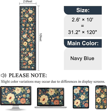 DUKINO Runner Rug for Hallway, 2.6x10 Washable Floral Long Kitchen Rug with Non Slip Backing, Lightweight & Stain Resistant Runners for Indoor Entrance, Laundry, Living Room, Bedroom, Navy Blue