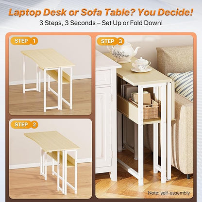 Huuger Folding Desk with Storage Shelf, 39.3 Inch Foldable Computer Table for Small Spaces, Space Saving Sofa Table for Couch, Writing Work Office Computer Desk, Easy to Fold, Oak