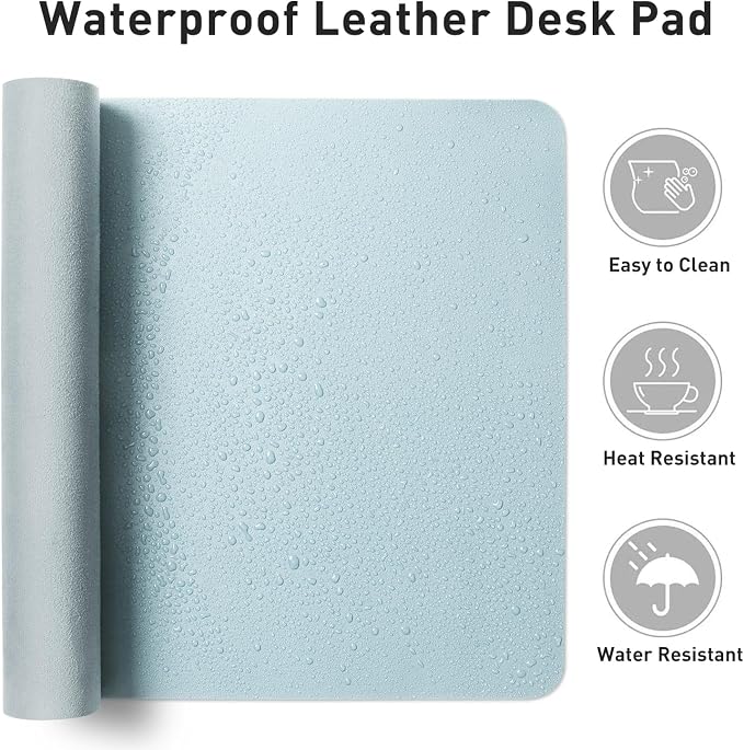 Aothia Faux Leather Desk Mat - Non-Slip PU Leather Desk Blotter, Waterproof Writing Surface, Large Desk Pad for Office & Home (Baby Blue, 55" x 17")