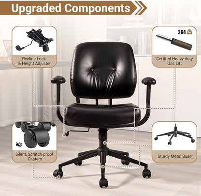 Ergonomic Home Office Chair, Mid-Century Faux Leather Home Office Desk Chairs with Wheels, Office Computer Chair with Rocking Swivel (Black,PU Leather)