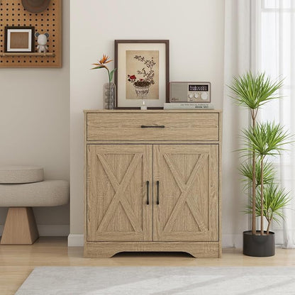 Panana Wooden Cabinet 1 Drawer and 2 Doors Storage Cupboard Coffee Bar Sideboard Farmhouse Entryway Organizer Console (Nature)