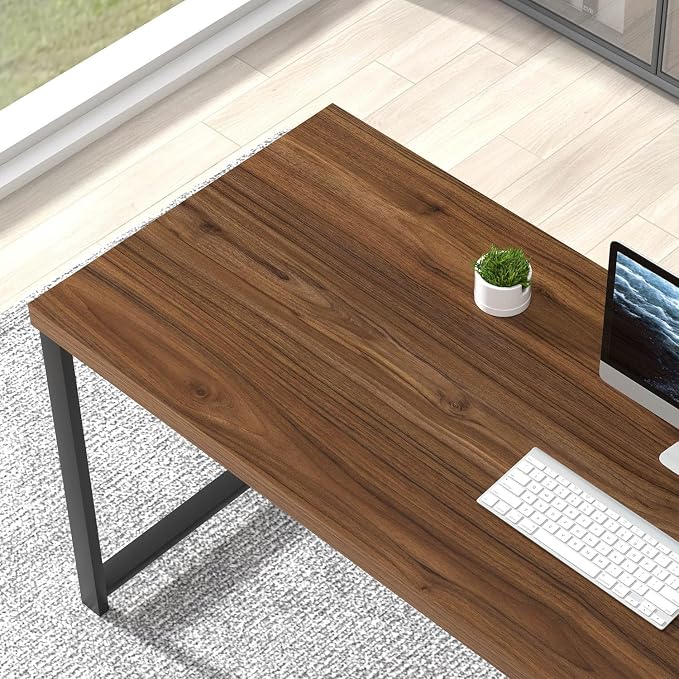 FOLUBAN Modern Computer Desk, Wood Home Office Desk, Study Writing Gaming Table Workstation with Storage Shelves for Living Room Bedroom, Rustic Walnut, 53 Inch
