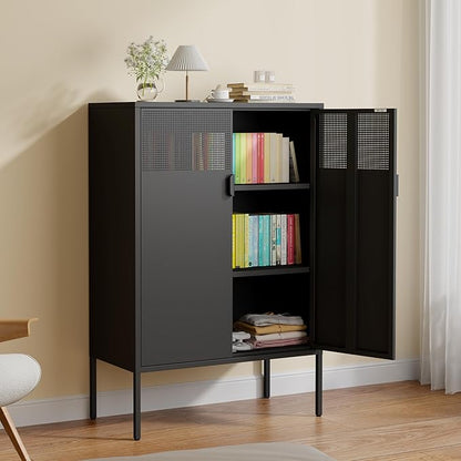 2 Mesh Door Metal Storage Cabinet with Adjustable Shelves, 3 Tier Steel Office Storage Cabinet 47''H Multipurpose Black Storage Cabinet, Metal Locker Storage Cabinet for Office, Home, Hallway