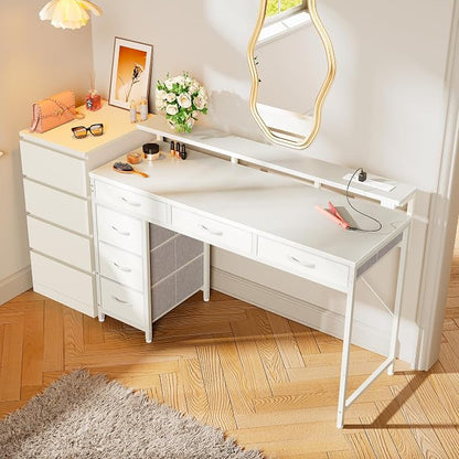 Huuger Gaming Desk with 6 Drawers, Computer Desk with LED Lights Power Outlets and Type-C, 47 Inch Office Table with Storage, Monitor Stand, Writing & Work Home Office, Bedroom, Study, White