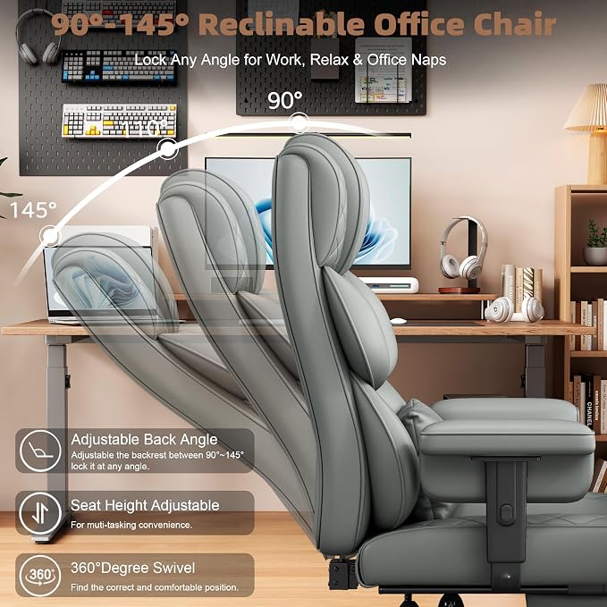 Vonesse Big and Tall Office Chair, Desk Chair with Soft Adjustable Armrests, Ergonomic High Back Gaming Chair with Lumbar Support, Executive Computer Chairs with Footrest (PU Leather, Gray)