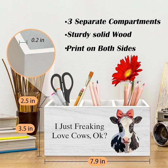 Cow Gifts Pen Holder for Desk, Funny Cute Bow Farm Animal Pencil Organizer, Cow Gifts for Women CowLovers, I Just Freaking Love Cows Wooden Pen Holder Desk Accessories Decor for Home Office