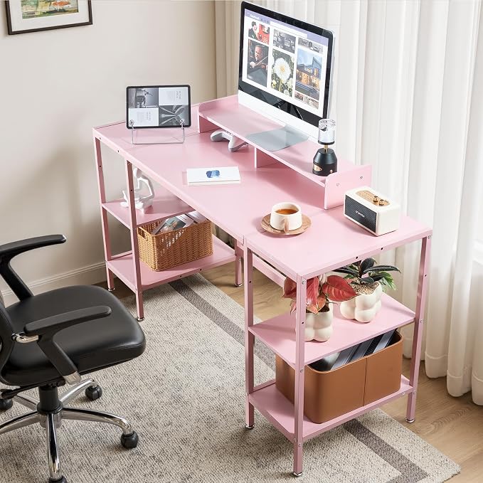 MINOSYS Computer Desk 55-inch with Storage Shelf - Pink Ideal Gaming Desk for Bedrooms, Small Spaces, and Home Offices Modern Writing Desk for PCs.