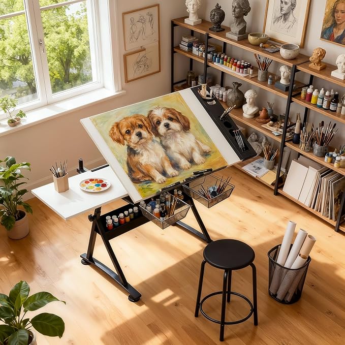 Magshion Professional Drafting Table for Adults w/Stool, Tilting Wooden Tabletop & Adjustable Height, Art Craft Desk Watercolor Paintings Sketching Work Station for Studio Home Office School (White)