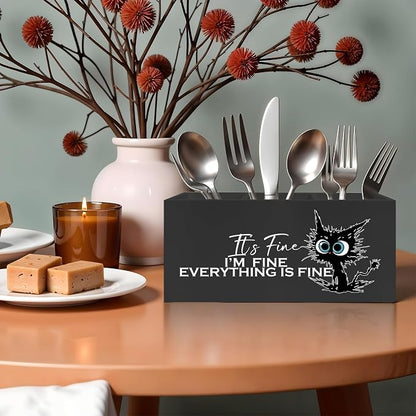 Funny Cute Black Cat Pencil Pen Holder for Desk, I'm Fine Everything Is Fine Wooden Pencil Holder Organizer for Home Office Desk Accessories, Funny Office Gifts for Coworkers, funny cat gifts