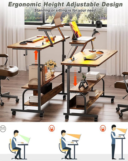 Height Adjustable Standing Desk with Power Outlets and LED Lights - 39" Manual Stand Up Desk with Monitor Stand and Storage Shelves Small Mobile Rolling Computer Desk Portable Laptop Table, Rustic