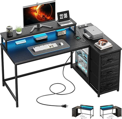 EnHomee 40 Inch Gaming Desk with 3 Drawers & 27.5'' Monitor Stand,Computer Desk with 3 AC and 1 Type-C Power Outlet and LED Lights, L Shaped Small Desk for Gaming,Study Room,Home Office,Bedroom,Black