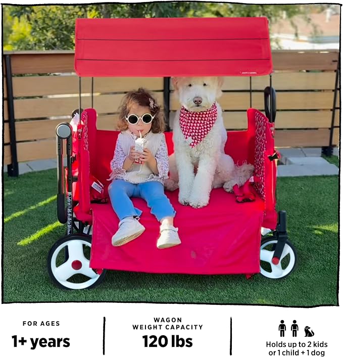 Radio Flyer Snoopy Folding Wagon for Kids & Pets, for Kids 1+, UV Doghouse Canopy, One-Hand Flat Fold, Seats 2 or Pеts, DuraClean Fabric, Rubber Tires, 120 lb Capacity, Wagon for Kids & Pets