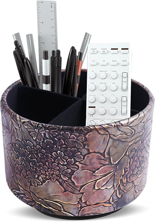 Round Leather Art Supply Organizer,Remote Control Holder,360 Degree Spinning,Multi-Functional Pencil Holder,4 Compartments Desktop Stationary Organizer(1-Rich Flower Gold)