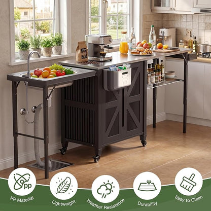 3-in-1 Outdoor Grill Cart with Sink & Faucet, Stainless Steel Top Outdoor Kitchen Island, Prep Table with Foldable Side Table, Storage Cabinet, Rolling Grill Station with Wheels for Patio, Backyard