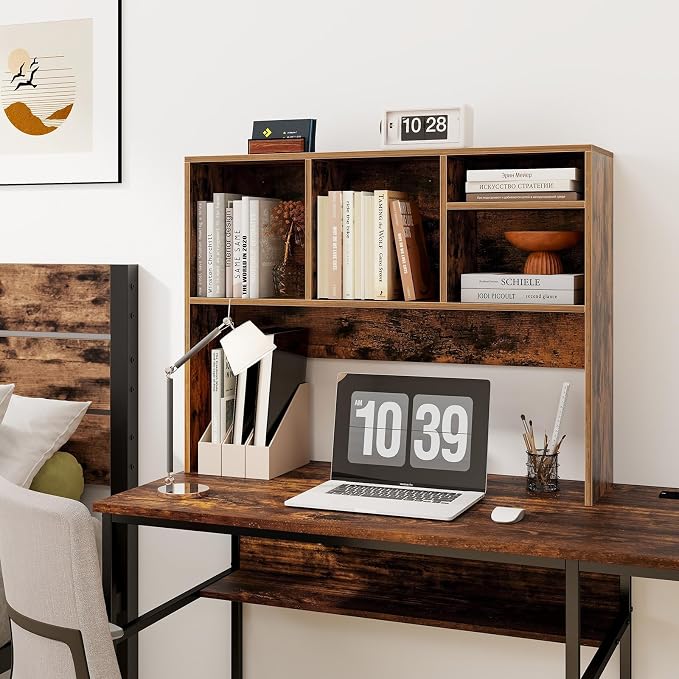 GOFLAME 4 Cubes Desktop Bookshelf, 37” Tabletop Wood Desk Shelf for Computer Monitor, Modern Countertop Desk Display Hutch Storage Organizer Shelf for Home Office, Dorm, Study, Rustic Brown