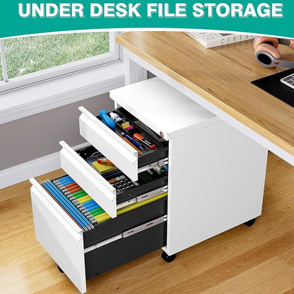 Assembled 3 Drawer File Cabinet with Wheels,Under Desk File Cabinet with Lock,White Rolling Filing Cabinets, Metal Filing Cabinets for Home Office,Fit A4/Letter/Legal,Pre-Assembled Except Caster