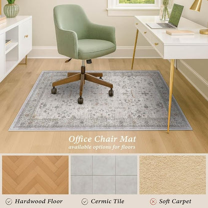 Washable Boho Office Chair Mat for Hard Wood Floors, Light Gray Floor Protector for Heavy Duty Computer Chair, 48"x60" Low Pile Under Desk Rug, Easy to Clean, Non-Slip Stain & Fade Resistant