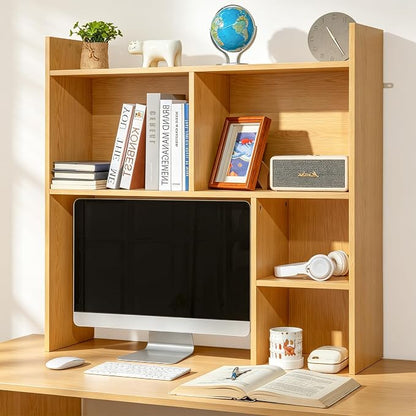 deli Desktop Shelf, Desk Hutch with 5 Shelves for Computer Desk, Desktop 3-Tier Display Rack, Multipurpose Wood Desktop Bookshelf Storage Organizer for Dorm Office Home, Natural