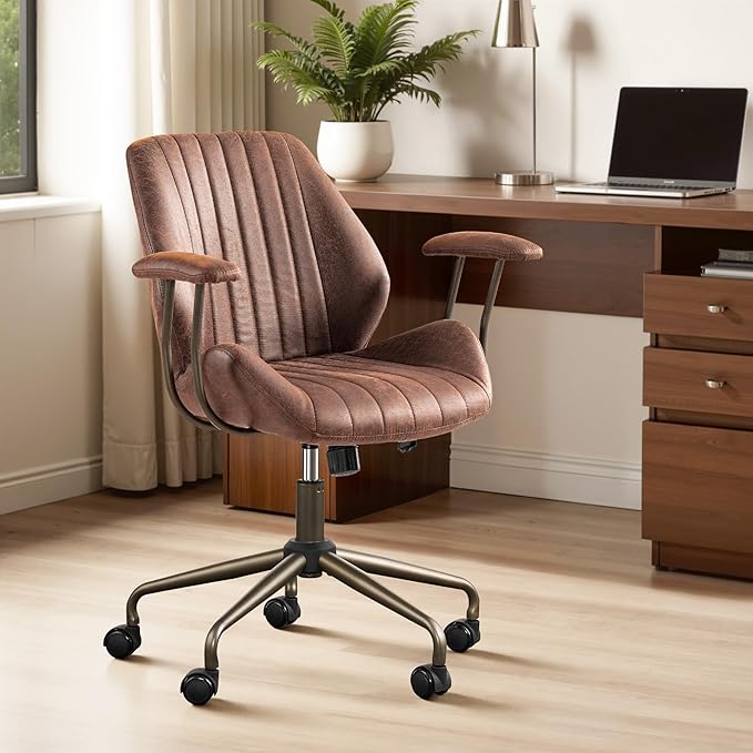ovios Home Office Chair, Mid-Century Modern Faux Suede Leather Ergonomic Chairs, Mid Back Comfy Computer Swivel Rolling Task Executive Armchair, Dark Brown