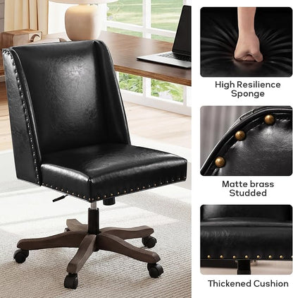Zihanhome Armless Home Office Chair with Wooden Legs, Modern Leather Upholstered Office Desk Chair No Arms Sewing Chair Adjustable Swivel Desk Chair for Farmhouse Office Study Studio (Black)