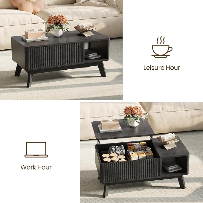 Wood Lift Top Coffee Table with Hidden Compartment and Large Storage Shelf, Lift Tabletop Dining Center Table for Home Living Room Office,Black