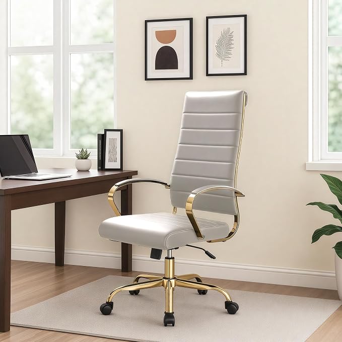 LeisureMod Modern High-Back Leather Office Chair - Swivel & Adjustable Executive Desk Chair with Gold Frame, Ergonomic Design for Home & Office (Tan, Set of 4)