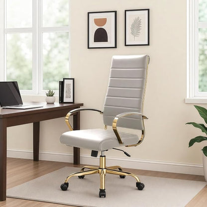 LeisureMod Modern High-Back Leather Office Chair - Swivel & Adjustable Executive Desk Chair with Gold Frame, Ergonomic Design for Home & Office (Tan, Set of 6)