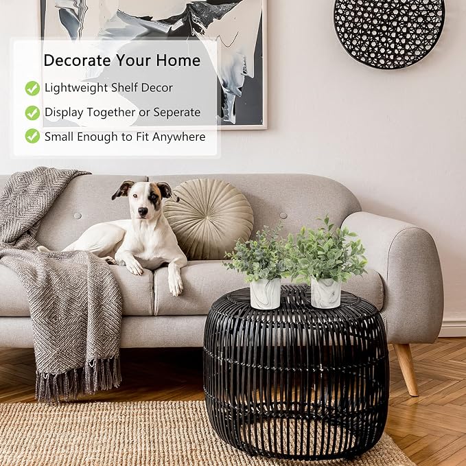 Hollyone Mini Artificial Potted Plants Fake Plants in Marble Pots, 3Pcs Plastic Eucalyptus Greenery Faux Plants for Home Office Desk Room Centerpiece Shelf Décor