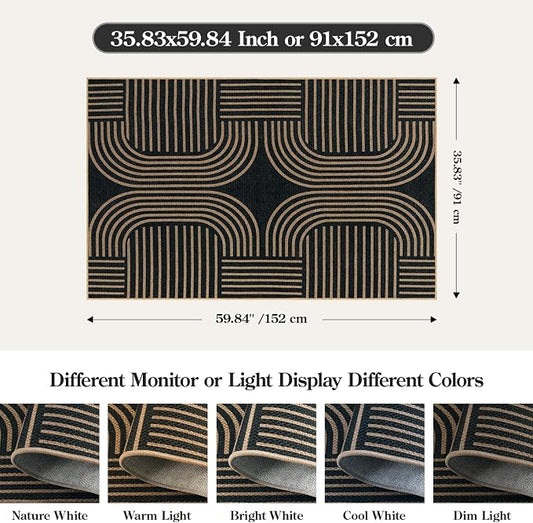Lahome Enfys Modern Geometric Outdoor Easy Jute Rug, 3x5 Indoor Outdoor Rugs for Entryway Black Living Room Carpet, Farmhouse Washable Non Slip Carpet for Patio Courtyard Bedroom