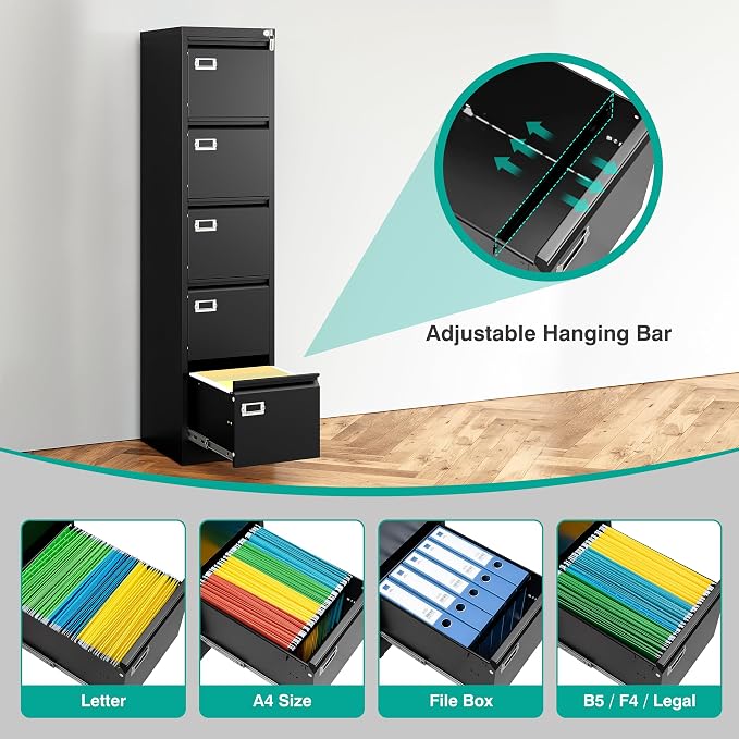 SISESOL 5 Drawer File Cabinet with Lock,Black Narrow Vertical File Cabinet Five Drawer,Tall Office Filing Cabinets,Metal Filing Cabinets for Home Office,Fit A4,Legal,Letter Size,-Assembly Required