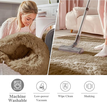OLANLY Taupe Round Rugs for Bedroom - Machine Washable, 4 ft Circle Area Rugs for Living Room, Soft and Fluffy Shaggy Carpet for Teen Girl and Boys, Nursery Rooms, Dorms, Home Decor Aesthetic