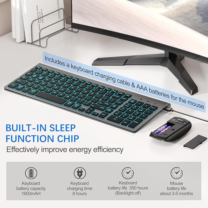 TopMate Wireless Backlit Keyboard and Mouse Ultra Slim Combo, 2.4G Silent Compact 2400DPI Mouse and Scissor Switch Keyboard Set, Batteries Included, for PC/Laptop/Windows/Mac/Gaming - BL Gray Black