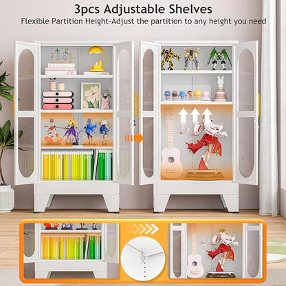 PAOFIN 47" H Locking Display Cabinet with Glass Door, Metal Cabinets with 3 Adjustable Shelves, Cabinet Display Case for Living Room, Collectibles, Clinic, Home - Assembly Required White