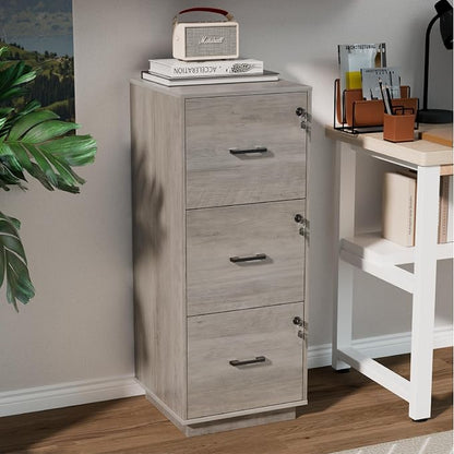 VINGLI 3 Drawer File Cabinet with Lock, Home Office Filing Organizer, for Letter Size File Folder Storage, Wood Tall Vertical Filing Cabinet, Printer Stand, Archivador (Rustic Gray)