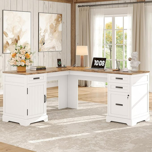 Whalefall 67'' Farmhouse L-Shaped Desk with Drawers for Home Office, White | Computer Corner Desk with File Cabinet and Charging Station, Large Executive L Desk with Locking Drawers Storage