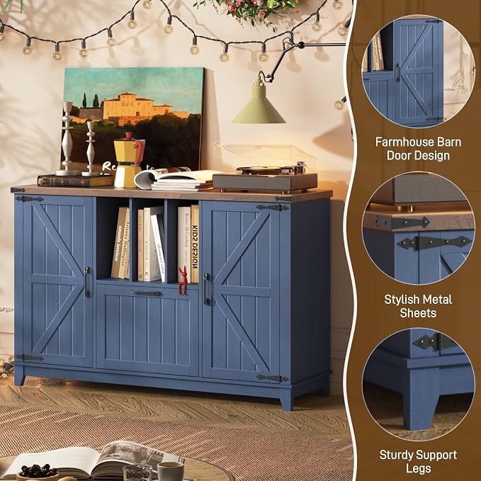 Vabches Lateral File Cabinet with File Drawer, Farmhouse Filing Cabinet with Storage Shelves for Legal/A4/Letter Size Hanging Files, Large Modern Printer Stand for Home Office (Navy Blue and Brown)