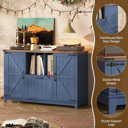 Vabches Lateral File Cabinet with File Drawer, Farmhouse Filing Cabinet with Storage Shelves for Legal/A4/Letter Size Hanging Files, Large Modern Printer Stand for Home Office (Navy Blue and Brown)