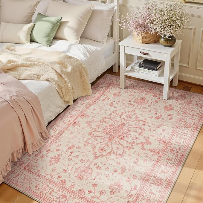 RELEANY Area Rugs 3'x5' Washable Non-Slip, Floral Vintage Distress Medallion Carpet for Living Room Bedroom Dining Room, Pink Light Vintage Pink