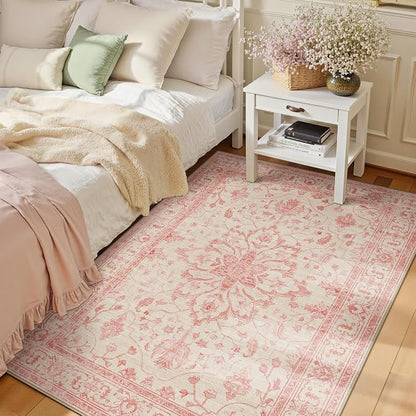 RELEANY Area Rugs 3'x5' Washable Non-Slip, Floral Vintage Distress Medallion Carpet for Living Room Bedroom Dining Room, Pink Light Vintage Pink