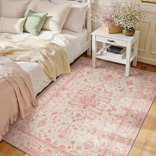 RELEANY Area Rugs 3'x5' Washable Non-Slip, Floral Vintage Distress Medallion Carpet for Living Room Bedroom Dining Room, Pink Light Vintage Pink