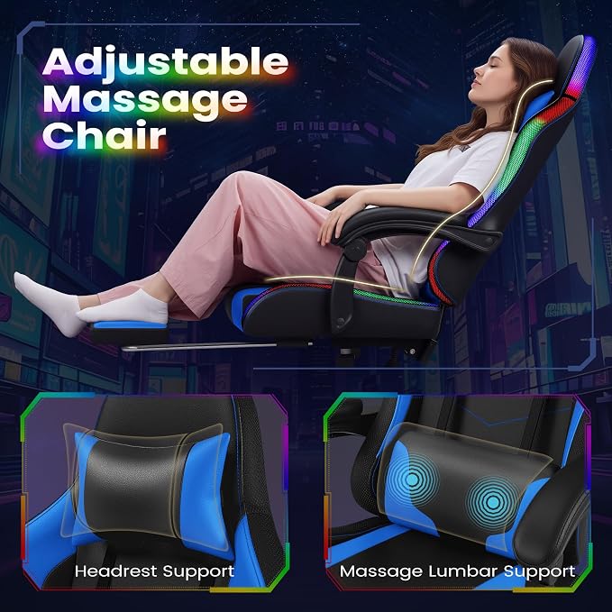 Homall Gaming Chair, Video Game Chair with Footrest and Massage Lumbar Support, Ergonomic Computer Chair Height Adjustable with Swivel Seat and Headrest (RGB Blue)