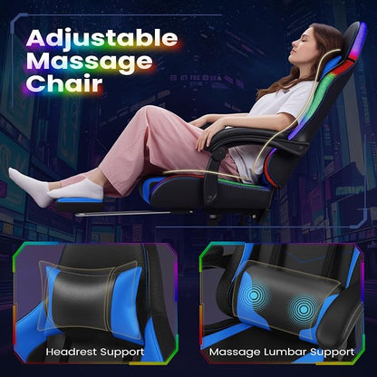 Homall Gaming Chair, Video Game Chair with Footrest and Massage Lumbar Support, Ergonomic Computer Chair Height Adjustable with Swivel Seat and Headrest (RGB Blue)