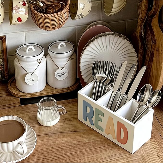 Reading Room Corner Decor Kids Pen Pencil Holder for Desk, Book Lover Reader Gifts, Boho READ Bookish Wooden Box Sign Decorations for Reading Room Nook Home Library Classroom Desk Tabletop